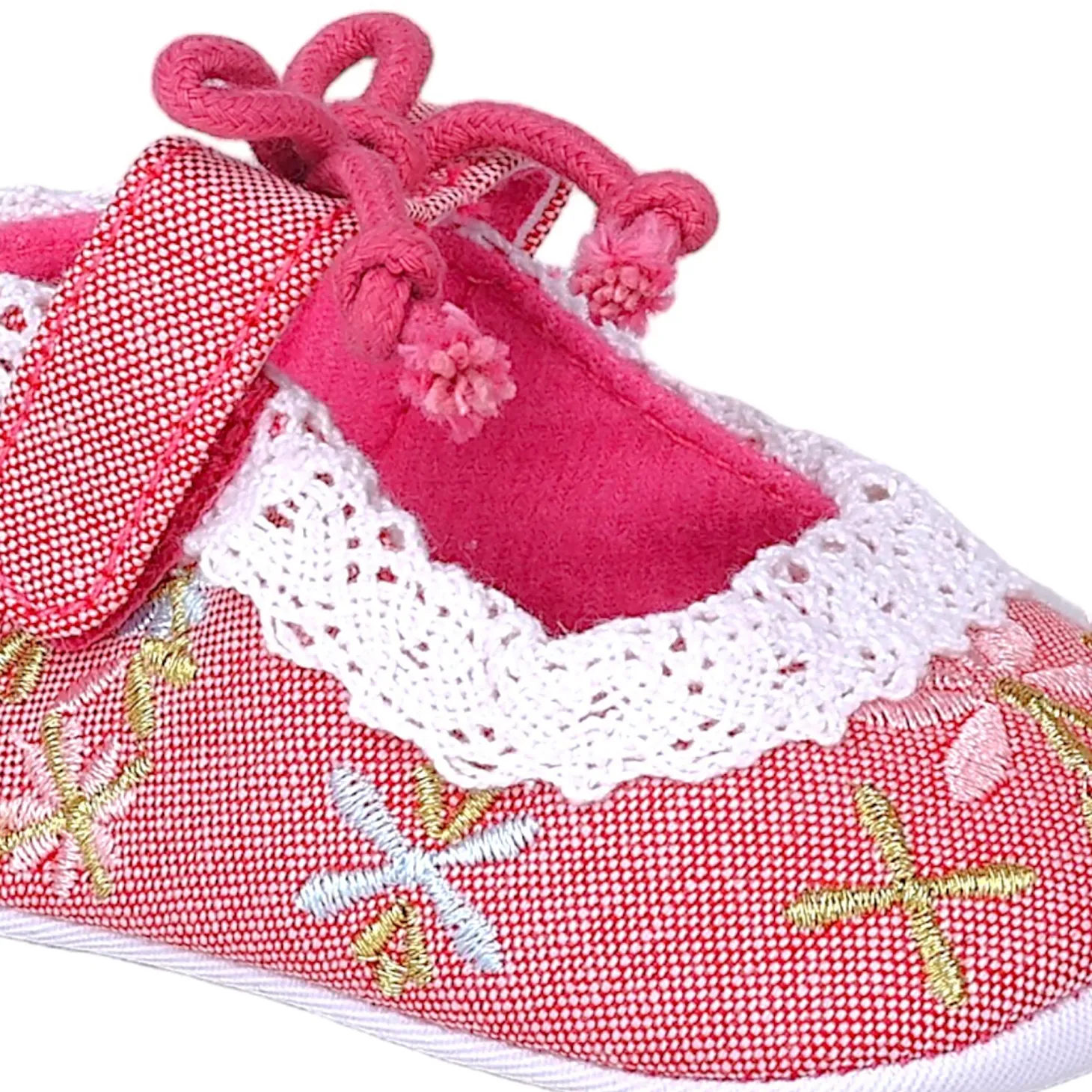 Baby Moo Fancy Floral Embroidered Velcro Straps Anti-Skid Booties - Peach
