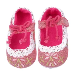 Baby Moo Fancy Floral Embroidered Velcro Straps Anti-Skid Booties - Peach