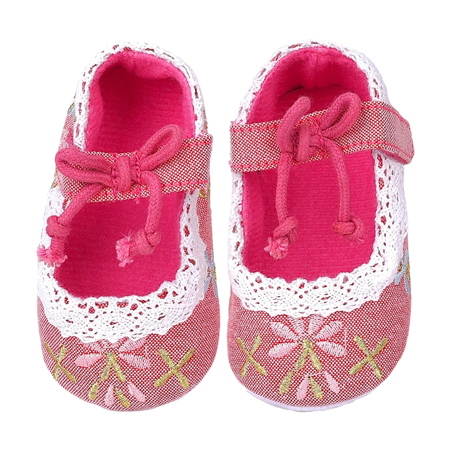 Baby Moo Fancy Floral Embroidered Velcro Straps Anti-Skid Booties - Peach