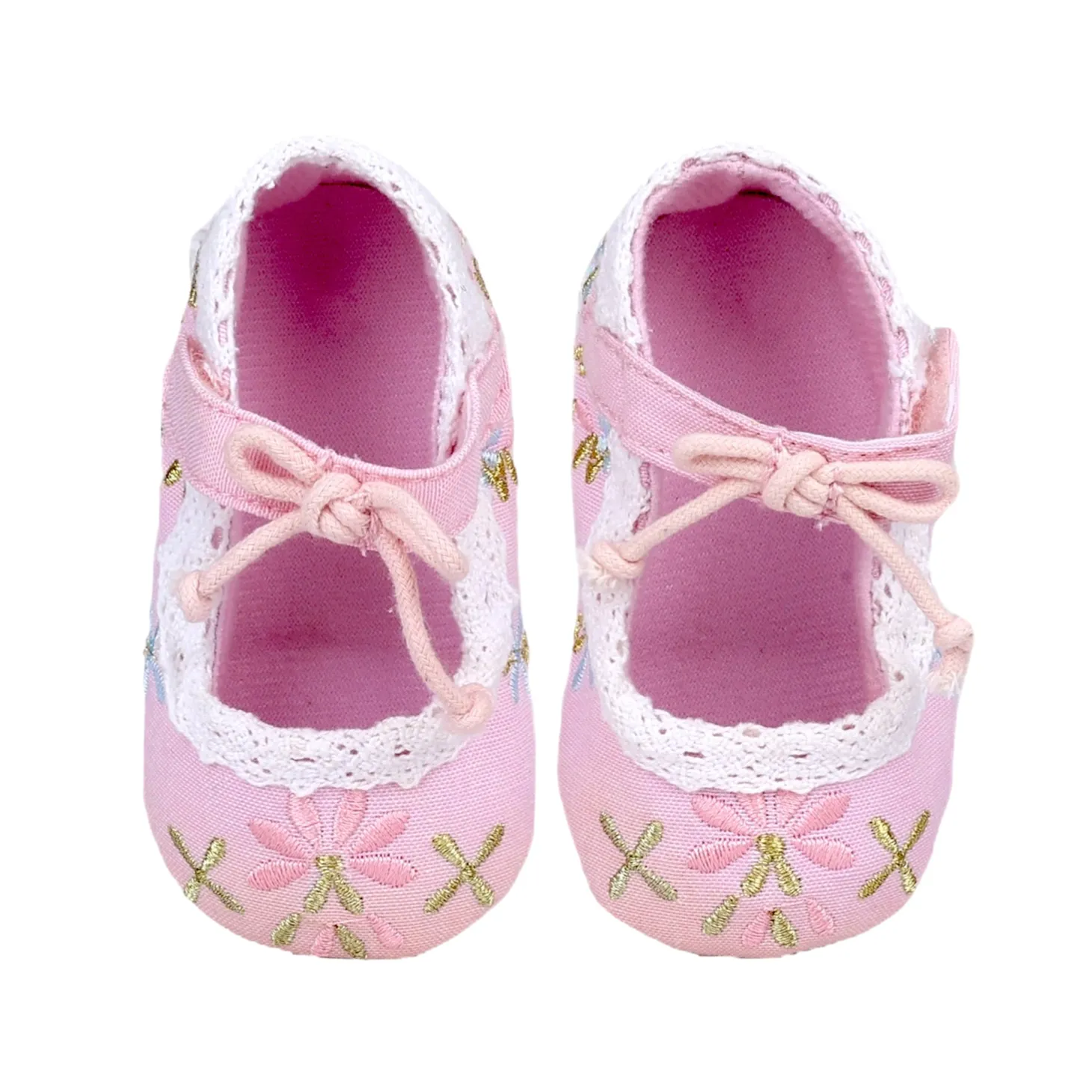 Baby Moo Fancy Floral Embroidered Velcro Straps Anti-Skid Booties - Pink