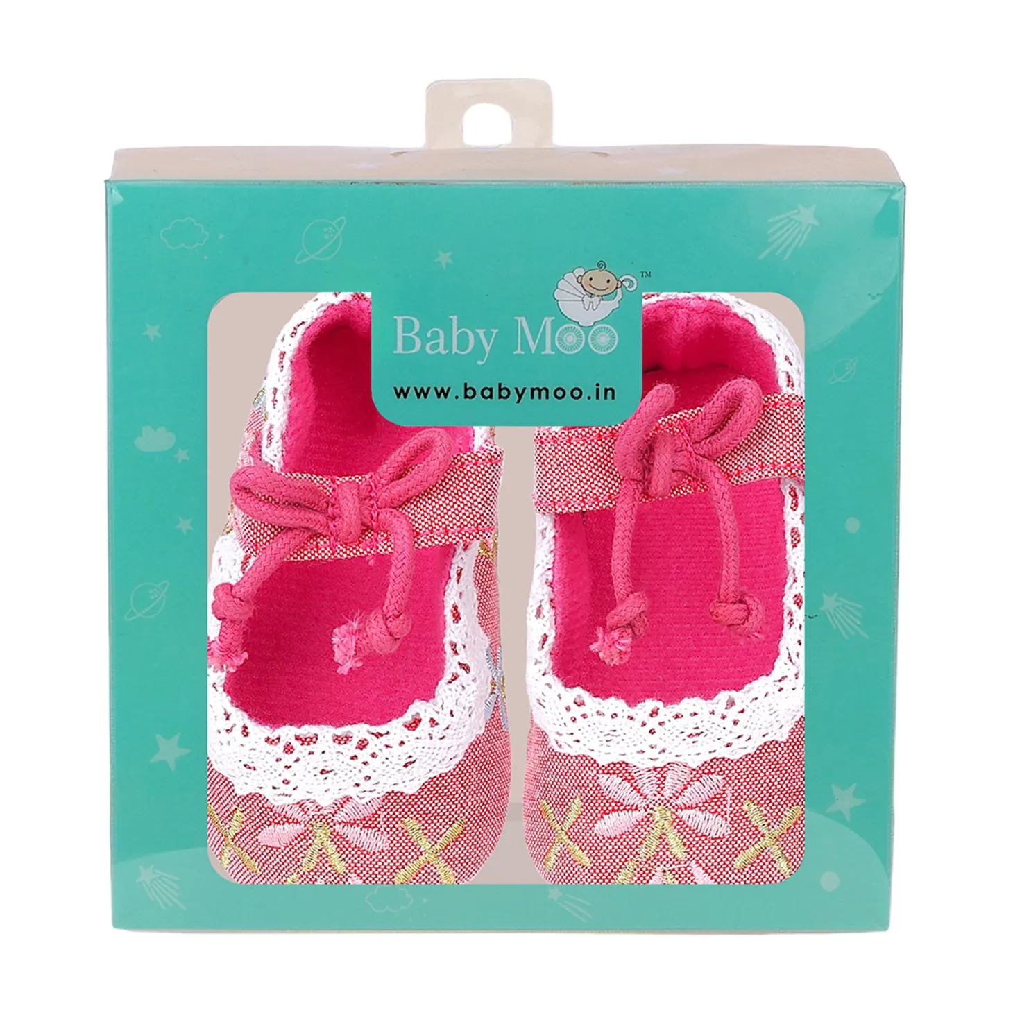 Baby Moo Fancy Floral Embroidered Velcro Straps Anti-Skid Booties - Peach