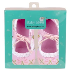 Baby Moo Fancy Floral Embroidered Velcro Straps Anti-Skid Booties - Pink