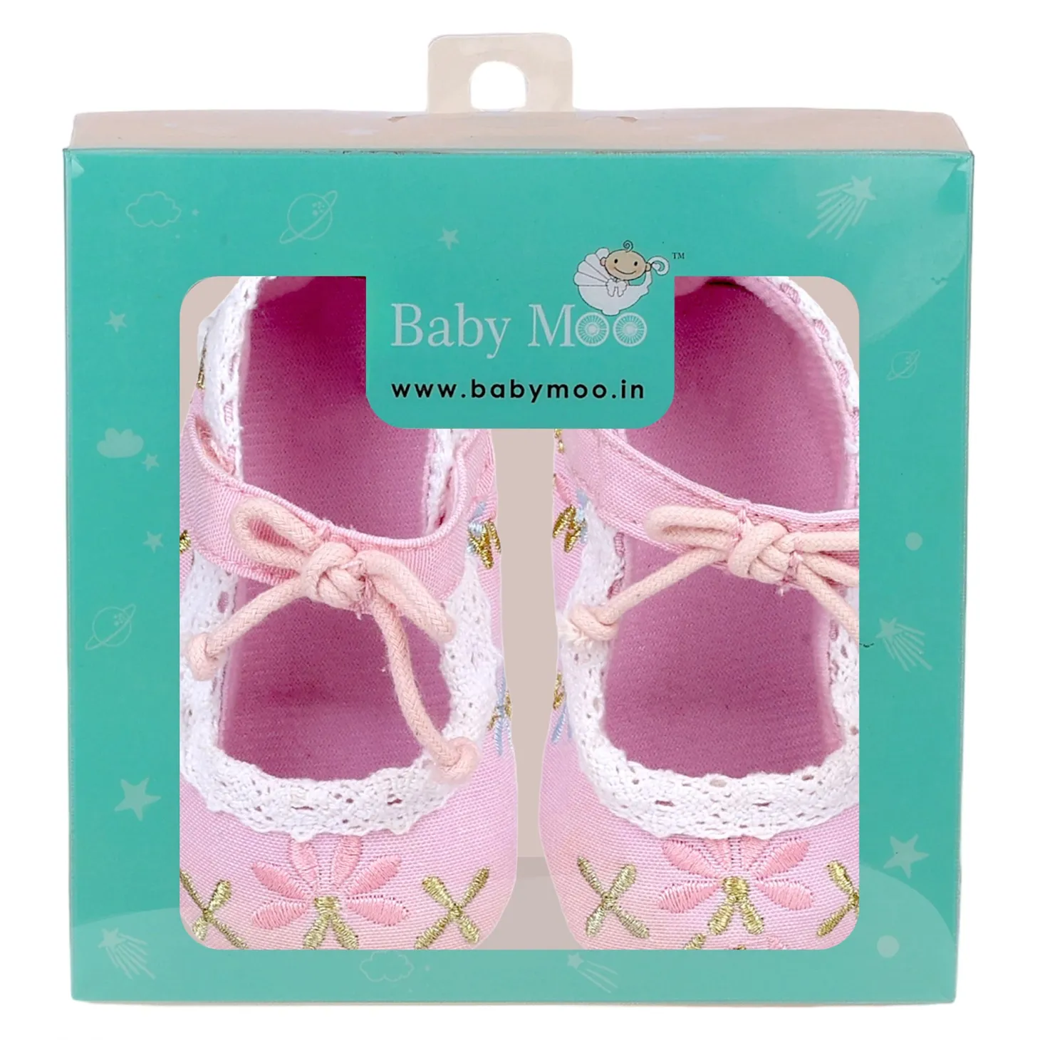 Baby Moo Fancy Floral Embroidered Velcro Straps Anti-Skid Booties - Pink