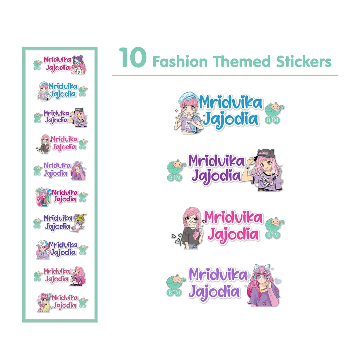 Baby Moo Fashion Personalised Name Self Adhesive Transparent Embossed Stickers, 3D Labels 10 Pcs Stationery Set for Children - Pink