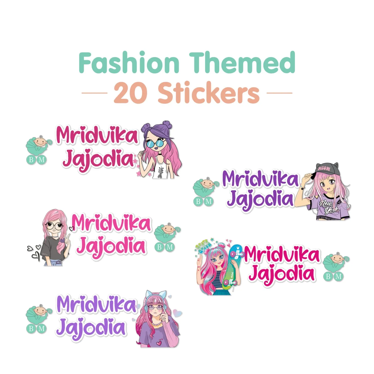 Baby Moo Fashion Personalised Name Self Adhesive Transparent Embossed Stickers, 3D Labels 20 Pcs Stationery Set for Children - Pink