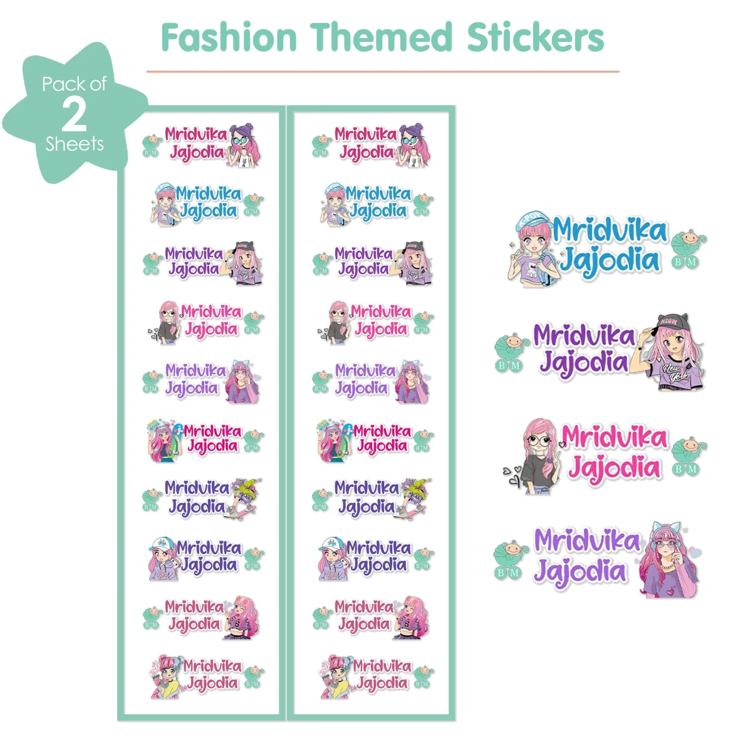 Baby Moo Fashion Personalised Name Self Adhesive Transparent Embossed Stickers, 3D Labels 20 Pcs Stationery Set for Children - Pink
