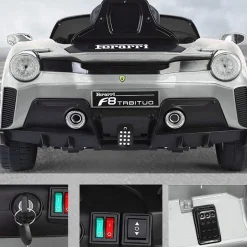 Baby Moo Ferrari F8 12V Battery Operated Ride On Car for Kids | Electric Car with Remote Control | Rechargeable Battery-Powered Toy with LED Lights, Music & USB Port | Age 2-8 - Silver