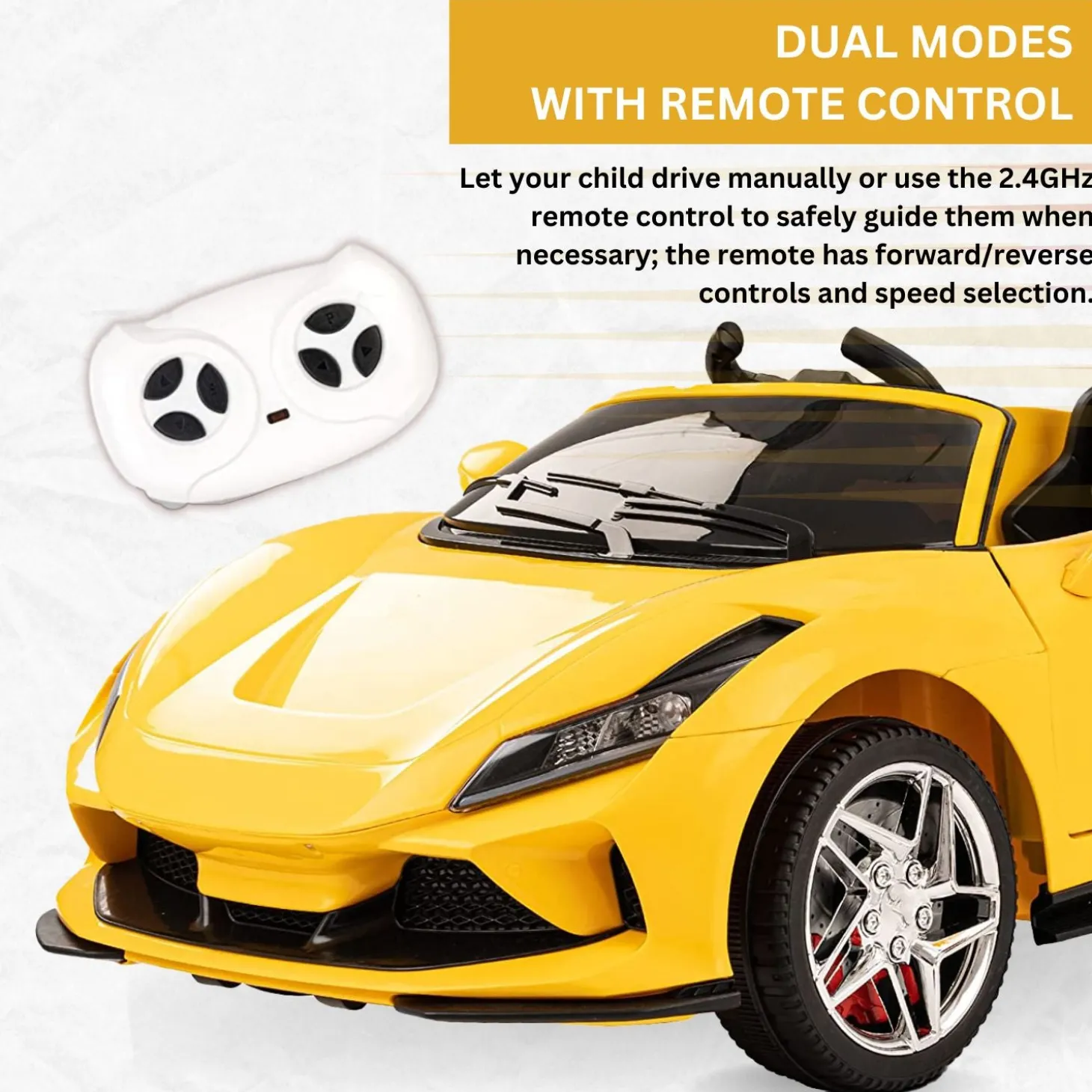 Baby Moo Ferrari F8 12V Battery Operated Ride On Car for Kids | Remote Control | Rechargeable Battery | USB MP3 Player | Ages 1-6 - Yellow