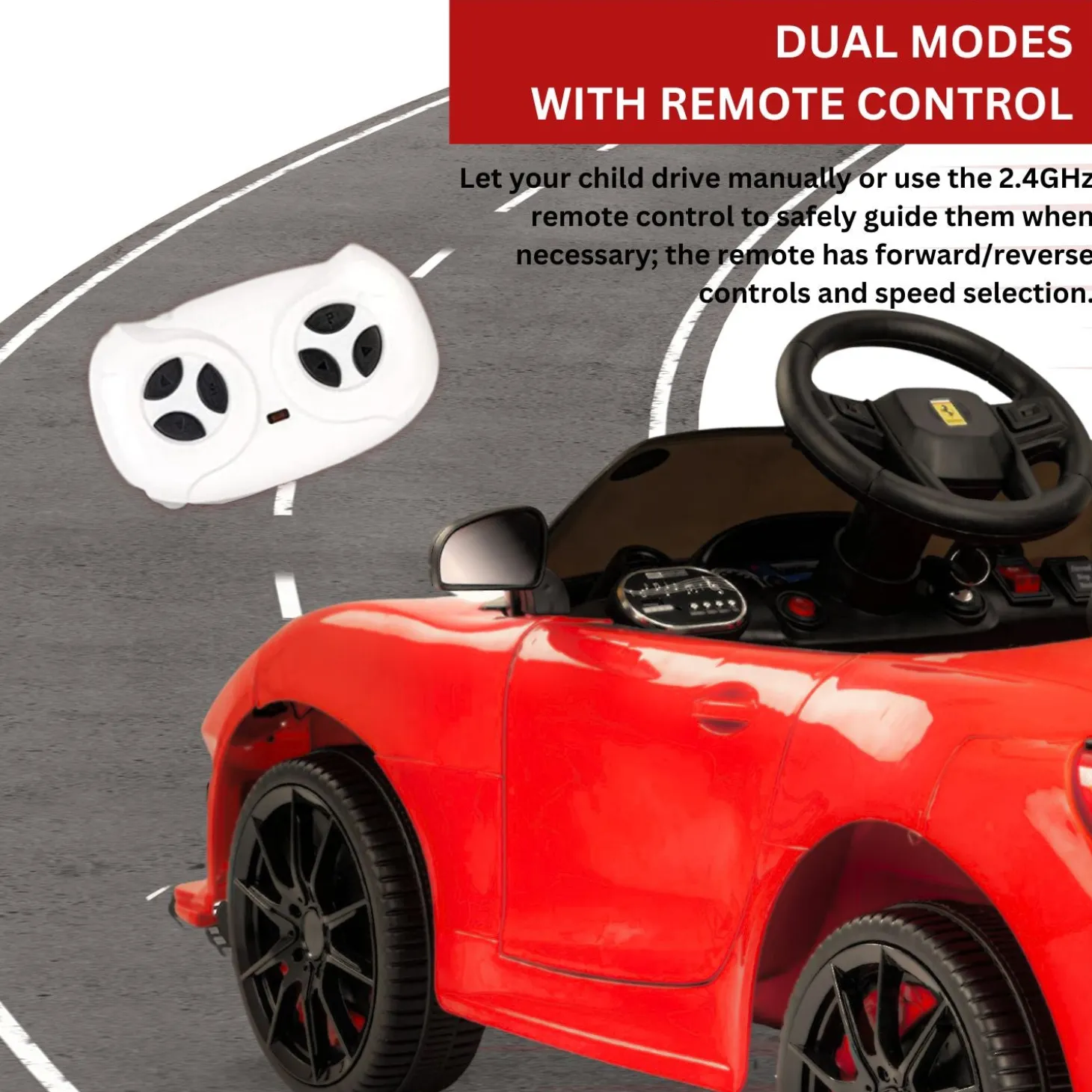 Baby Moo Ferrari F8 12V Battery Operated Ride On Car for Kids | Remote Control | Rechargeable Battery | USB MP3 Player | Ages 1-6 - Red