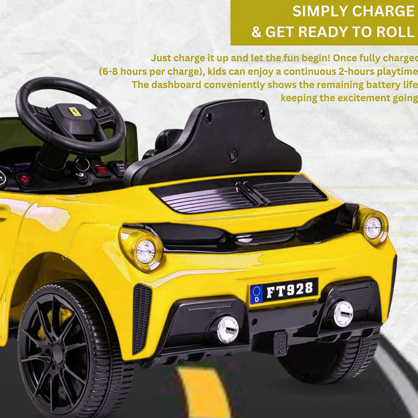 Baby Moo Ferrari F8 12V Battery Operated Ride On Car for Kids | Remote Control | Rechargeable Battery | USB MP3 Player | Ages 1-6 - Yellow