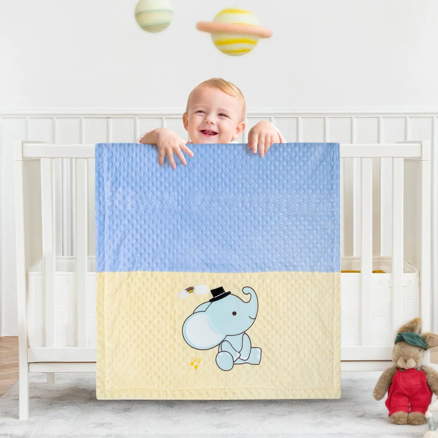 Baby Moo Festive Elephant Plush Cotton All Season Nursery Blanket - Blue