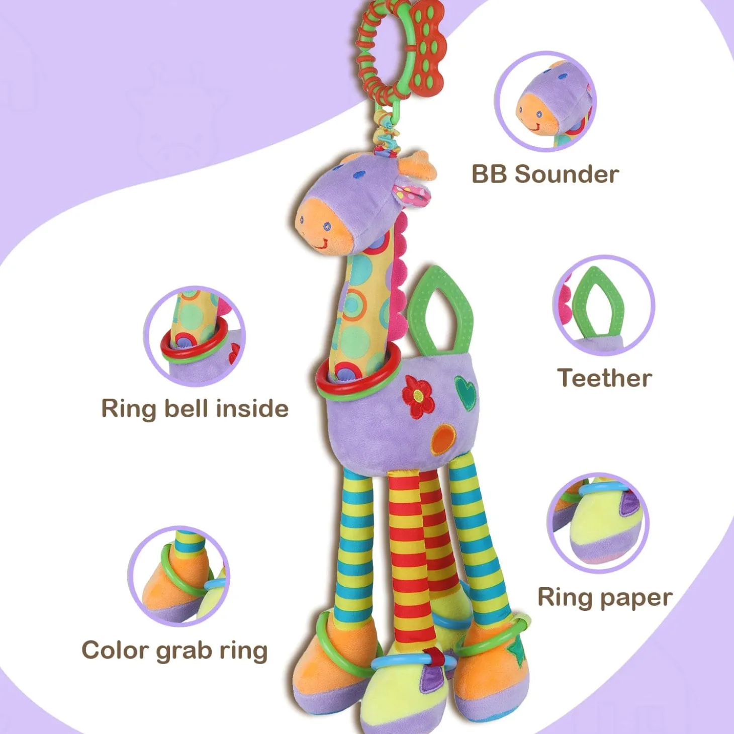Baby Moo Flexible Giraffe Hanging Toy With Teether - Multicolour