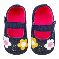 Baby Moo Floral Applique Anti-Skid Ballerina Booties - Navy Blue