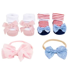 Baby Moo Floral Bow Infant Girl 4-Piece Gift Hairband And Socks Set - Pink