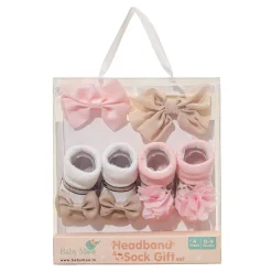 Baby Moo Floral Bow Infant Girl 4-Piece Gift Hairband And Socks Set - Beige