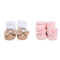 Baby Moo Floral Bow Infant Girl 4-Piece Gift Hairband And Socks Set - Beige