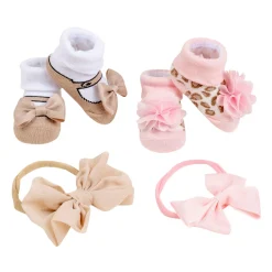 Baby Moo Floral Bow Infant Girl 4-Piece Gift Hairband And Socks Set - Beige