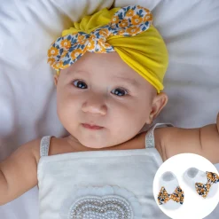 Baby Moo Floral Bow Matching Cap And Socks Set - Yellow