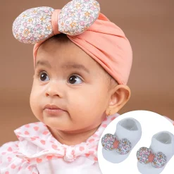 Baby Moo Floral Bow Matching Cap And Socks Set - Peach