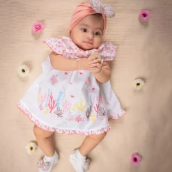 Baby Moo Floral Bow Matching Cap And Socks Set - Peach