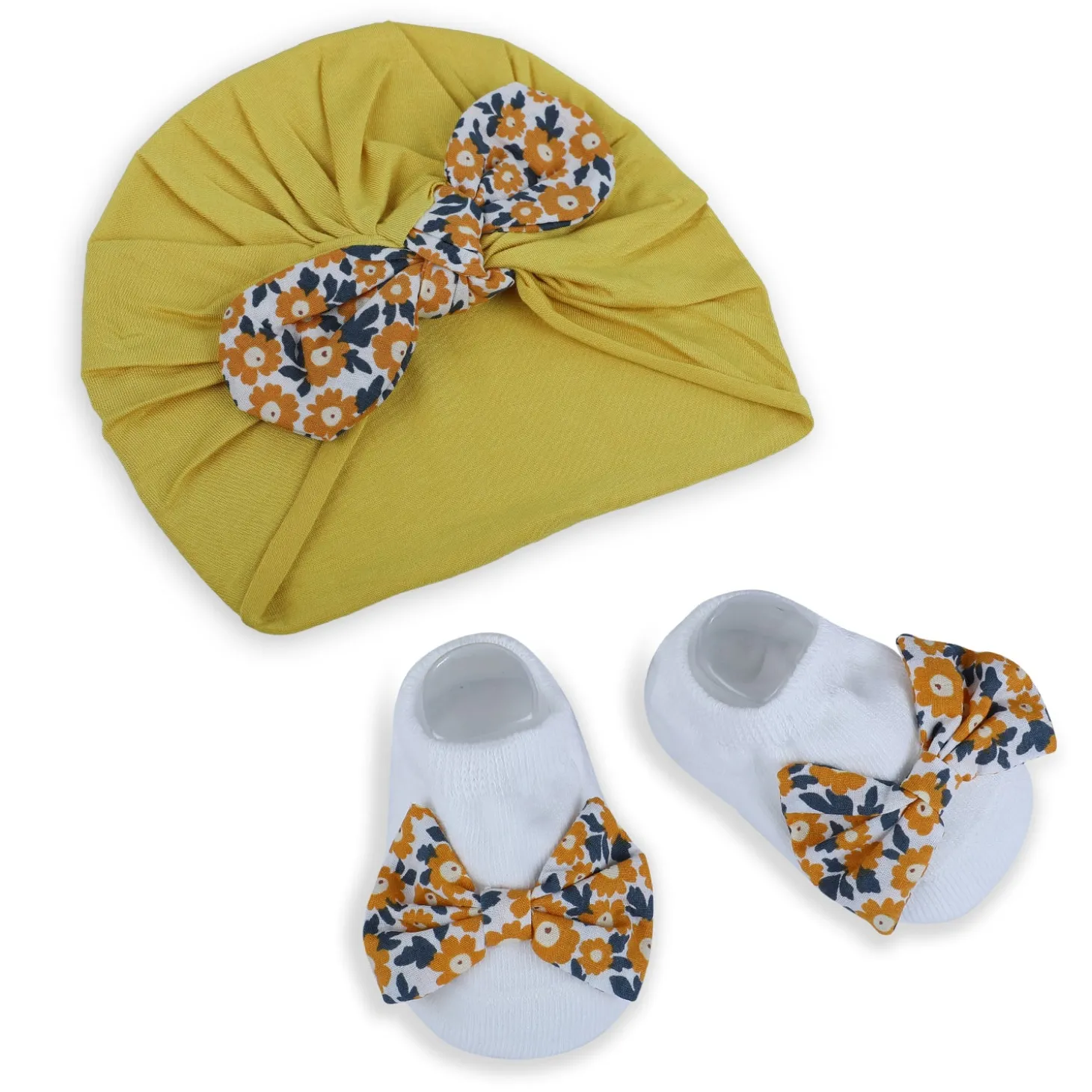 Baby Moo Floral Bow Matching Cap And Socks Set - Yellow