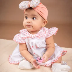 Baby Moo Floral Bow Matching Cap And Socks Set - Peach