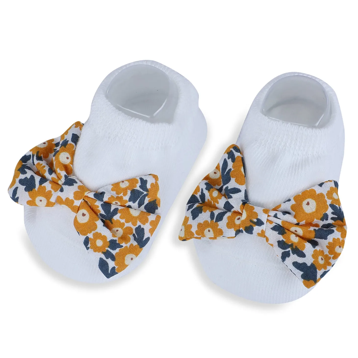 Baby Moo Floral Bow Matching Cap And Socks Set - Yellow