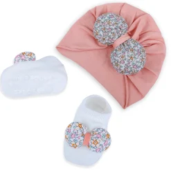 Baby Moo Floral Bow Matching Cap And Socks Set - Peach