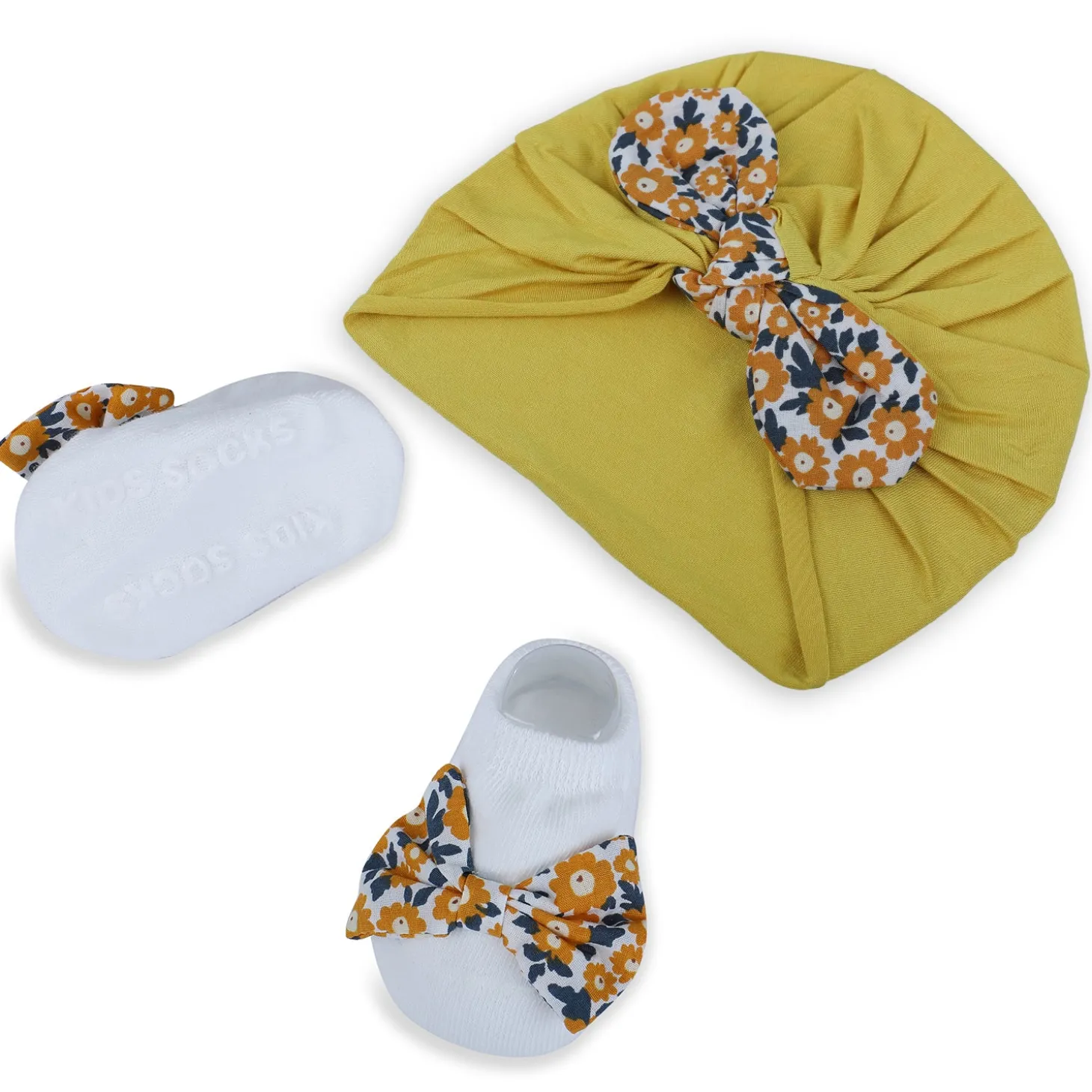 Baby Moo Floral Bow Matching Cap And Socks Set - Yellow