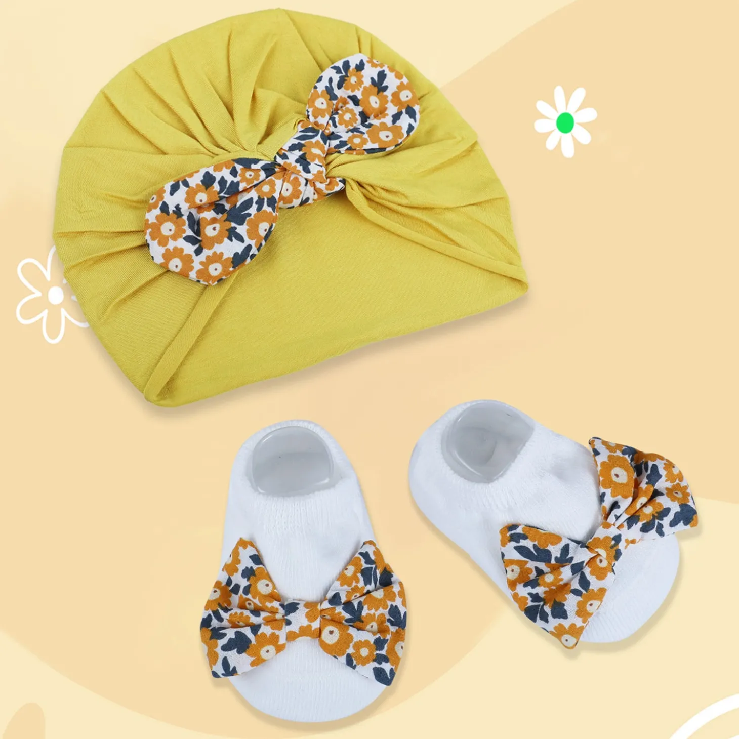 Baby Moo Floral Bow Matching Cap And Socks Set - Yellow