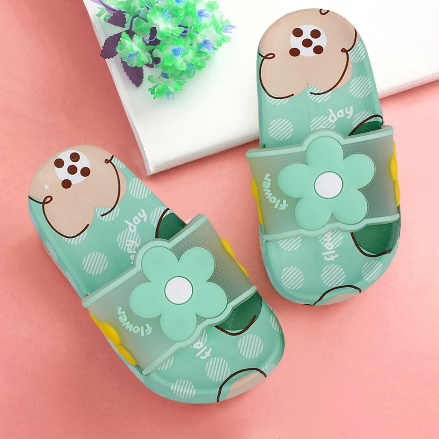 Baby Moo Floral 3D Beach Slippers Sliders - Sea Green