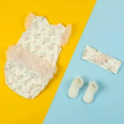 Baby Moo Floral Gift Set 3 Piece With Bodysuit, Socks And Headband - Peach