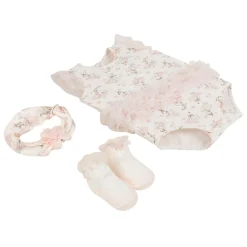 Baby Moo Floral Gift Set 3 Piece With Bodysuit, Socks And Headband - Peach