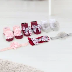 Baby Moo Floral Infant Girl 6-Piece Gift Hairband And Socks Set - Maroon