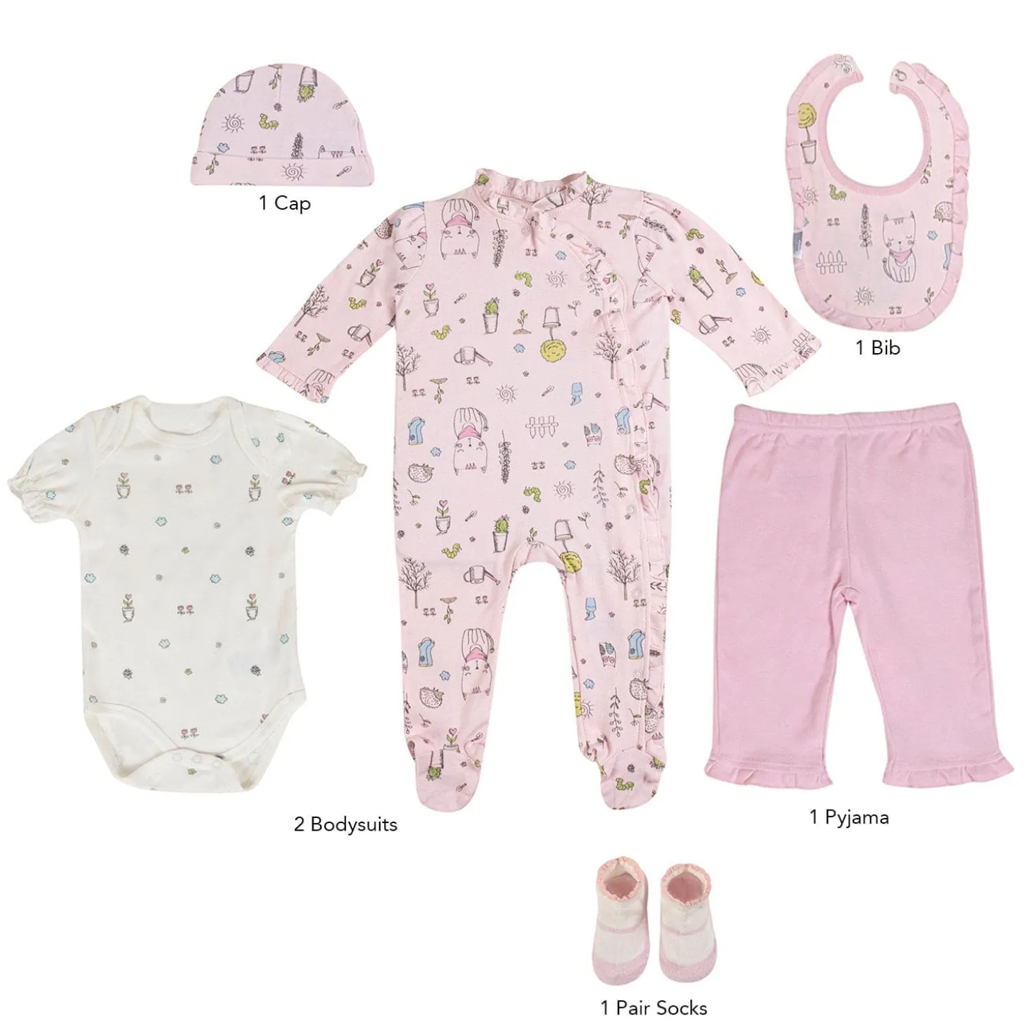 Baby Moo Floral Kitty Gift Set 6 Piece With Bodysuits, Pyjama, Cap, Bib And Socks - Pink