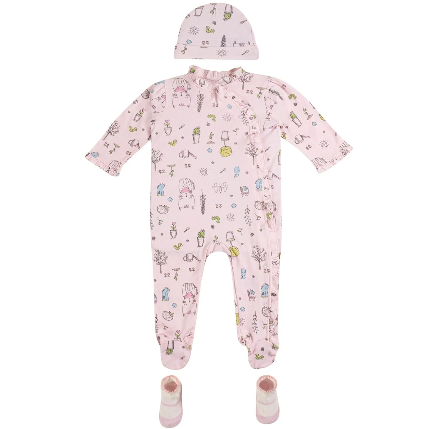 Baby Moo Floral Kitty Gift Set 6 Piece With Bodysuits, Pyjama, Cap, Bib And Socks - Pink