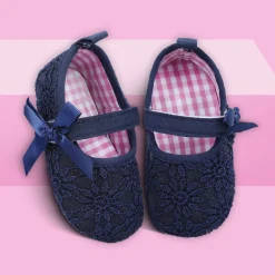 Baby Moo Floral Lace Velcro Strap Anti-Skid Ballerina Booties - Blue
