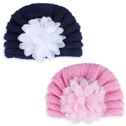 Baby Moo Floral Petals 2 Pack Turban Caps - Pink And Navy Blue