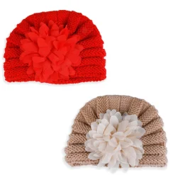 Baby Moo Floral Petals 2 Pack Turban Caps - Red And Brown