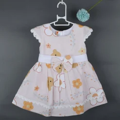 Baby Moo Floral Teddy Bow With Short Sleeves Muslin Dress - Peach