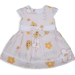 Baby Moo Floral Teddy Bow With Short Sleeves Muslin Dress - Peach