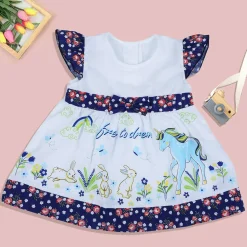 Baby Moo Floral Unicorn Flutter Sleeves Knee Length Frock - Blue