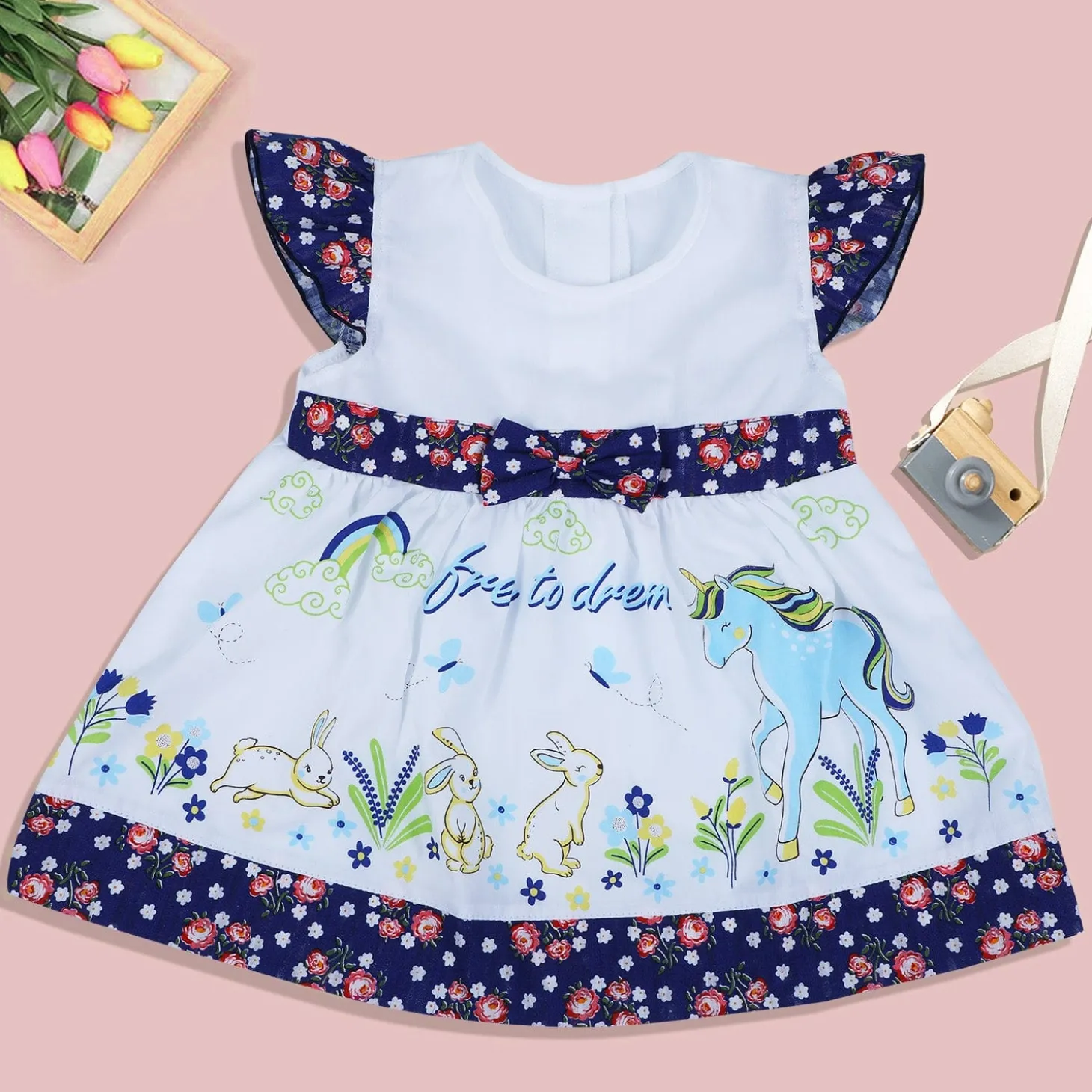 Baby Moo Floral Unicorn Flutter Sleeves Knee Length Frock - Blue