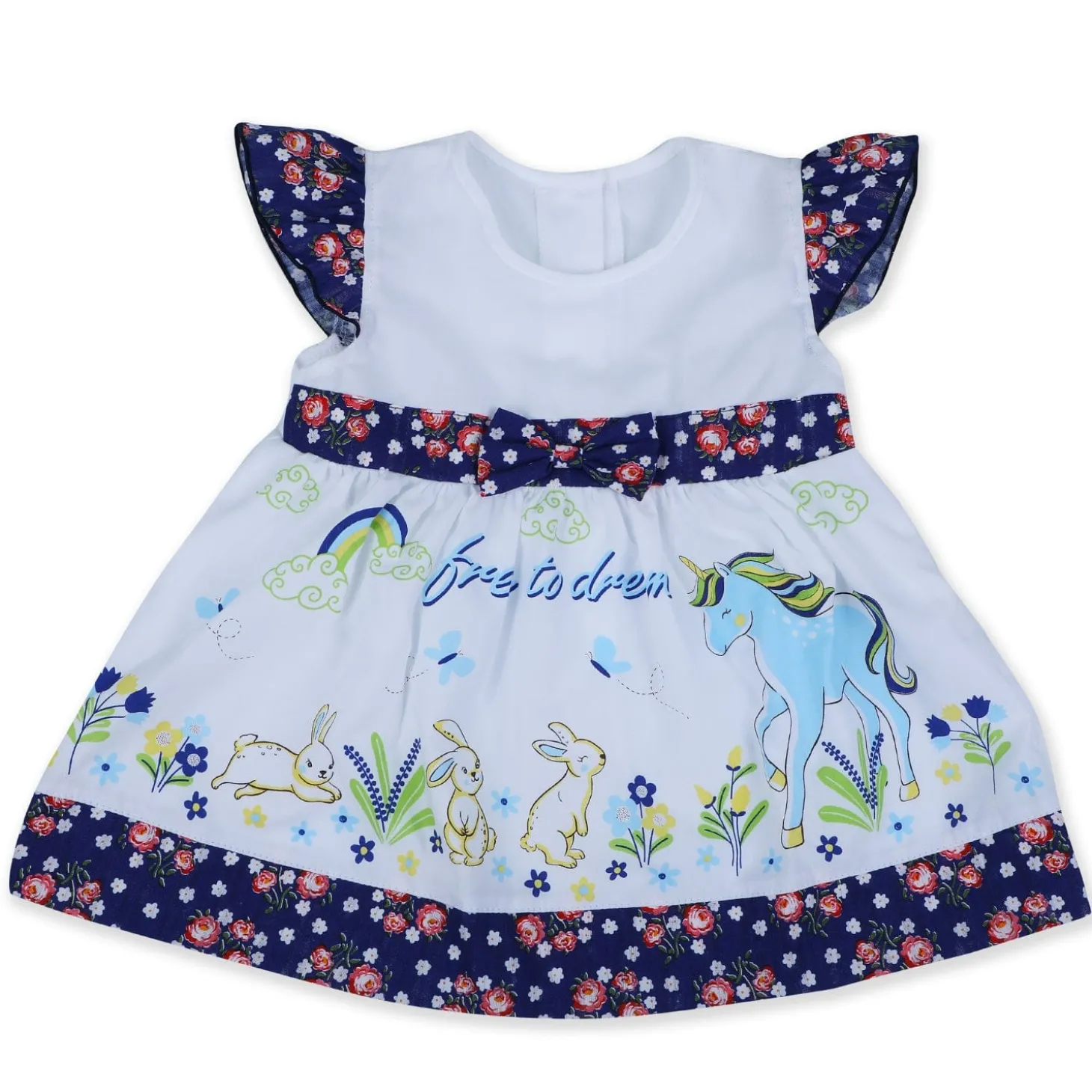 Baby Moo Floral Unicorn Flutter Sleeves Knee Length Frock - Blue