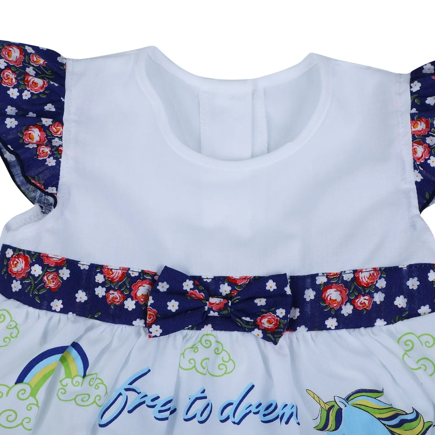 Baby Moo Floral Unicorn Flutter Sleeves Knee Length Frock - Blue