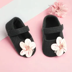 Baby Moo Flower Button Velcro Strap Ribbed Anti-Skid Ballerina Booties - Black, Peach