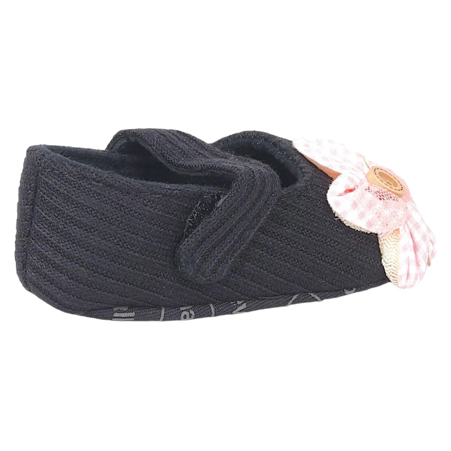 Baby Moo Flower Button Velcro Strap Ribbed Anti-Skid Ballerina Booties - Black, Peach
