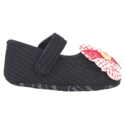 Baby Moo Flower Button Velcro Strap Ribbed Anti-Skid Ballerina Booties - Black, Red