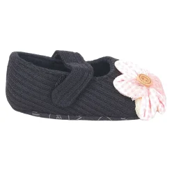 Baby Moo Flower Button Velcro Strap Ribbed Anti-Skid Ballerina Booties - Black, Peach