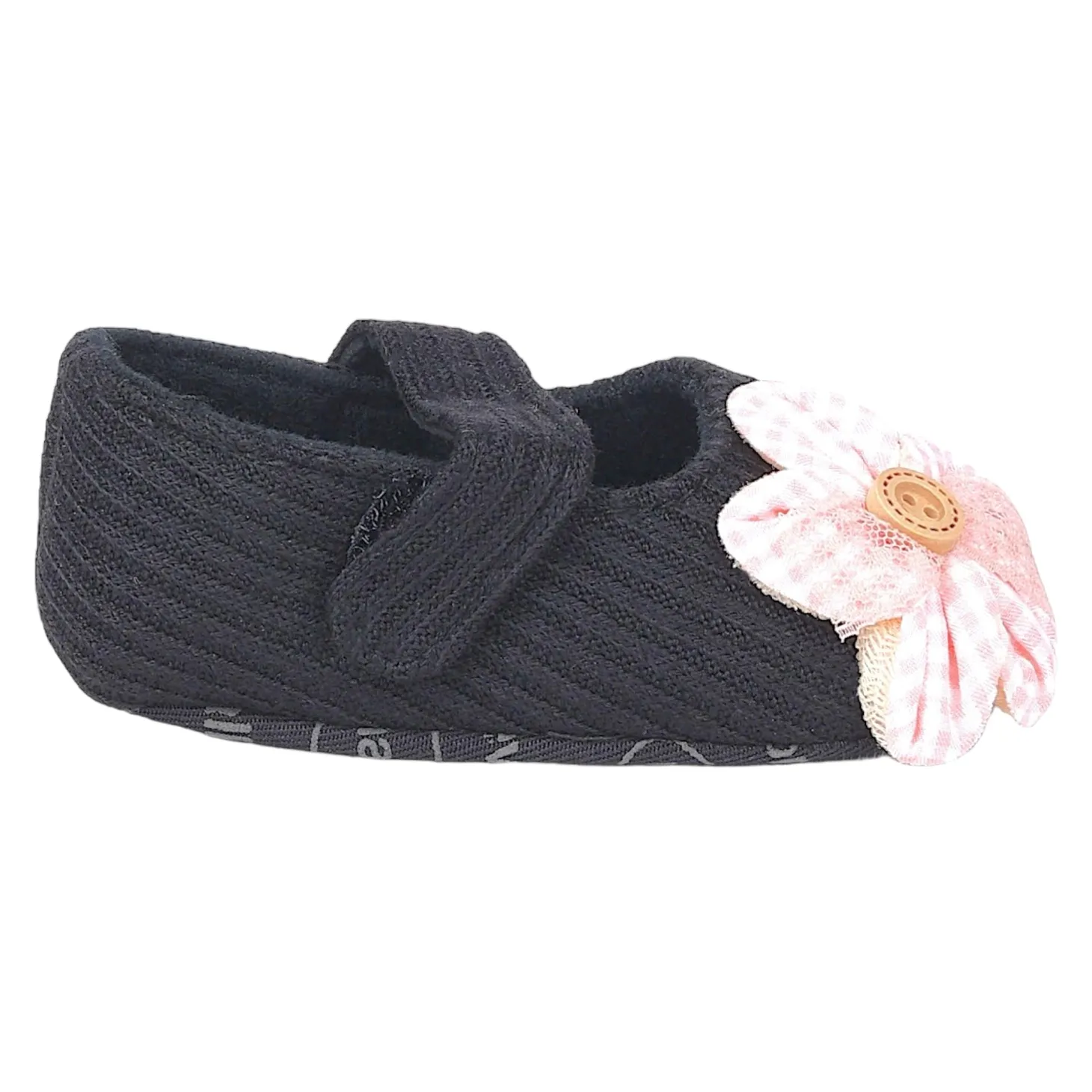 Baby Moo Flower Button Velcro Strap Ribbed Anti-Skid Ballerina Booties - Black, Peach